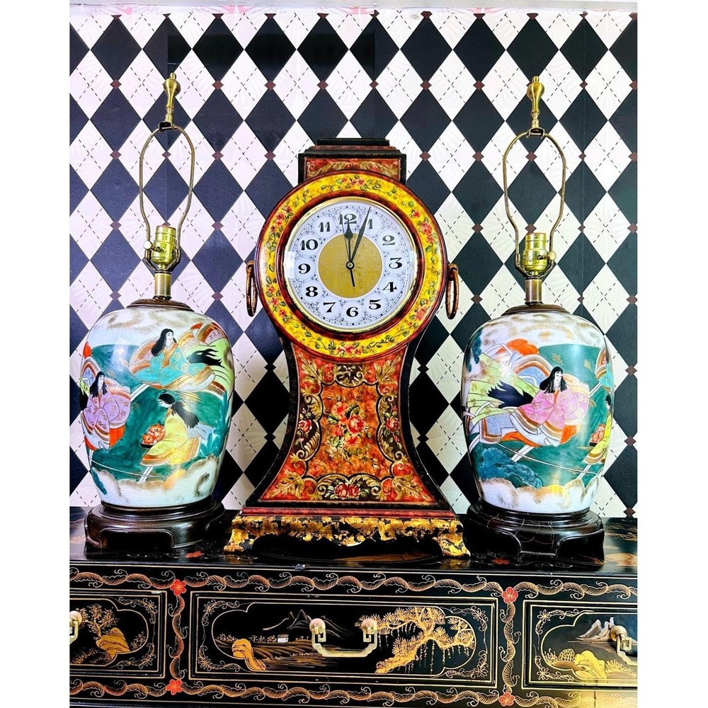 Oversized 2ft Tall Italian Florentine Style Mantel Clock Hand Painted